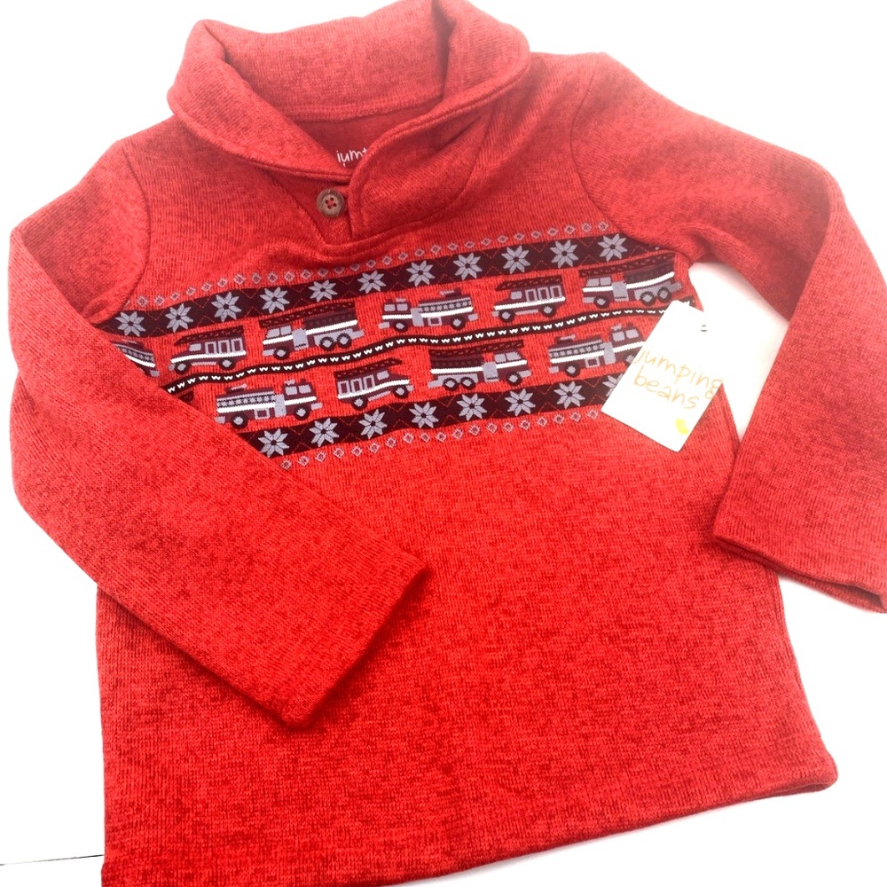 Jumping Beans Sweater Size 4T Boys Fire Truck Red Shawl Collared NWT Pullover